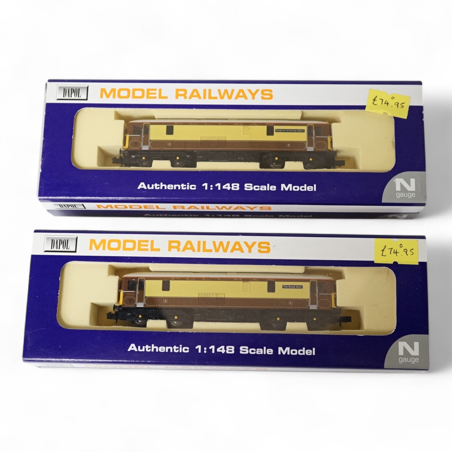 Two boxed Dapol N gauge railway Class 73 Pullman electro-diesel locomotives; 73101 Brighton Evening Argus (ND-011a), and 73101 The Royal Alex (ND-011b). Condition - good.